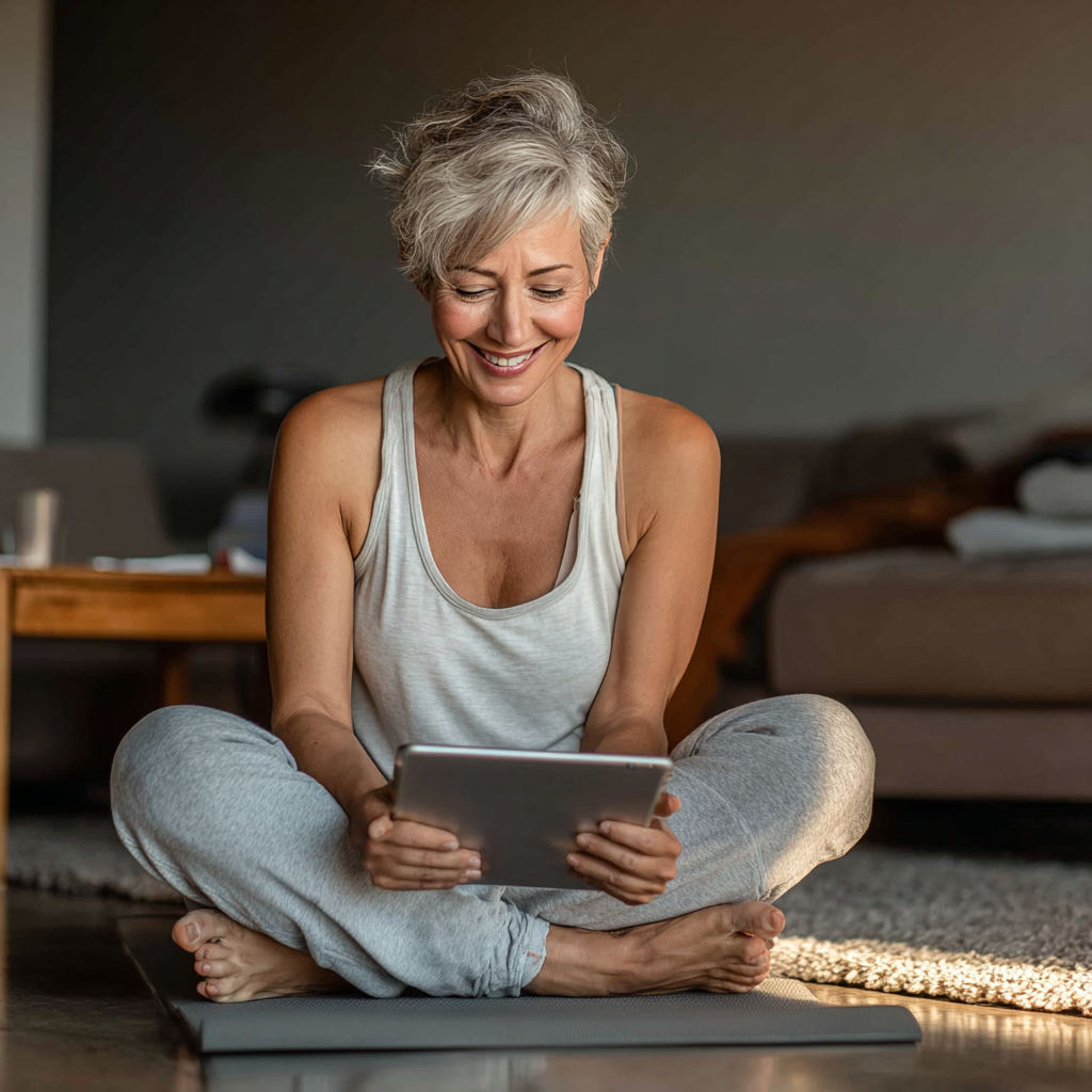 Жінка 52 роки займається в домашніх умовах за допомогою відеоуроку на планшеті, виконує розтяжку на килимку, посміхається