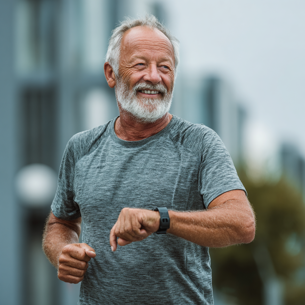 Чоловік 58 років виконує кардіо вправи на свіжому повітрі, користується фітнес-трекером, виглядає задоволено та енергійно