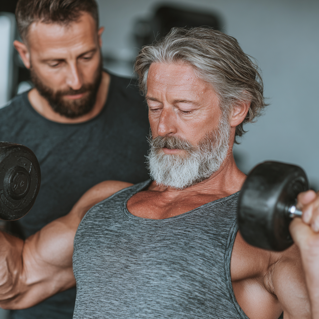 Чоловік 60 років займається з персональним тренером в залі, виконує безпечні силові вправи, тренер показує правильну техніку